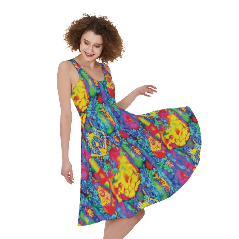 Abstract Psychedelic Print Sleeveless Knee Length Dress Shift Classic Vintage
