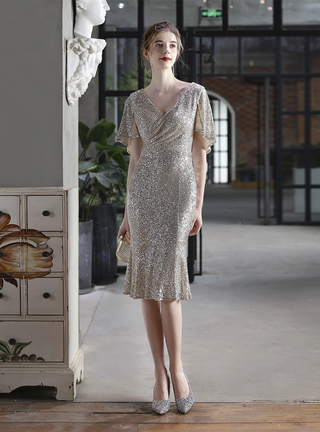 V-NECK SEQUINS SHORT PARTY DRESS Tunics Seasonal trendy