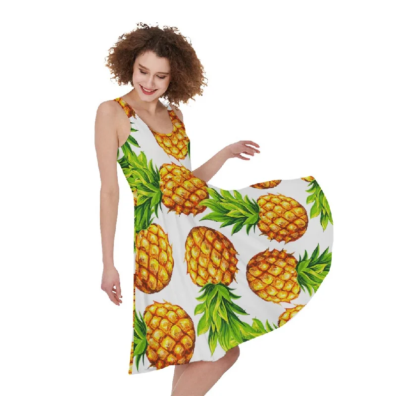 White Summer Pineapple Pattern Print Sleeveless Knee Length Dress Tunics Bridal satin White Summer Pineapple Pattern Print Sleeveless Knee Length Dress Tunics Bridal satin