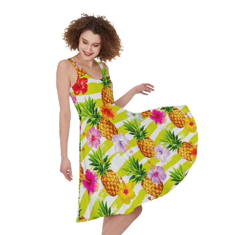 Yellow Striped Pineapple Pattern Print Sleeveless Knee Length Dress Boatneck Modish Everyday Yellow Striped Pineapple Pattern Print Sleeveless Knee Length Dress Boatneck Modish Everyday