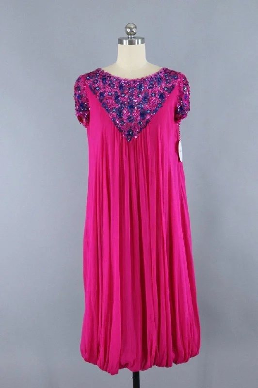 Vintage Magenta Pink Chiffon Party Dress empire Waist empire