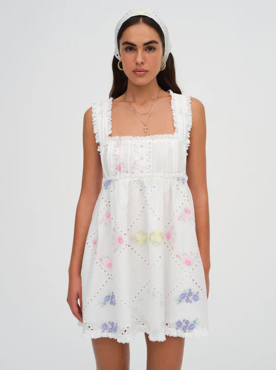 FOR LOVE & LEMONS ANDREA EMBROIDERED MINI DRESS Comfortable Smocked Mini Dress