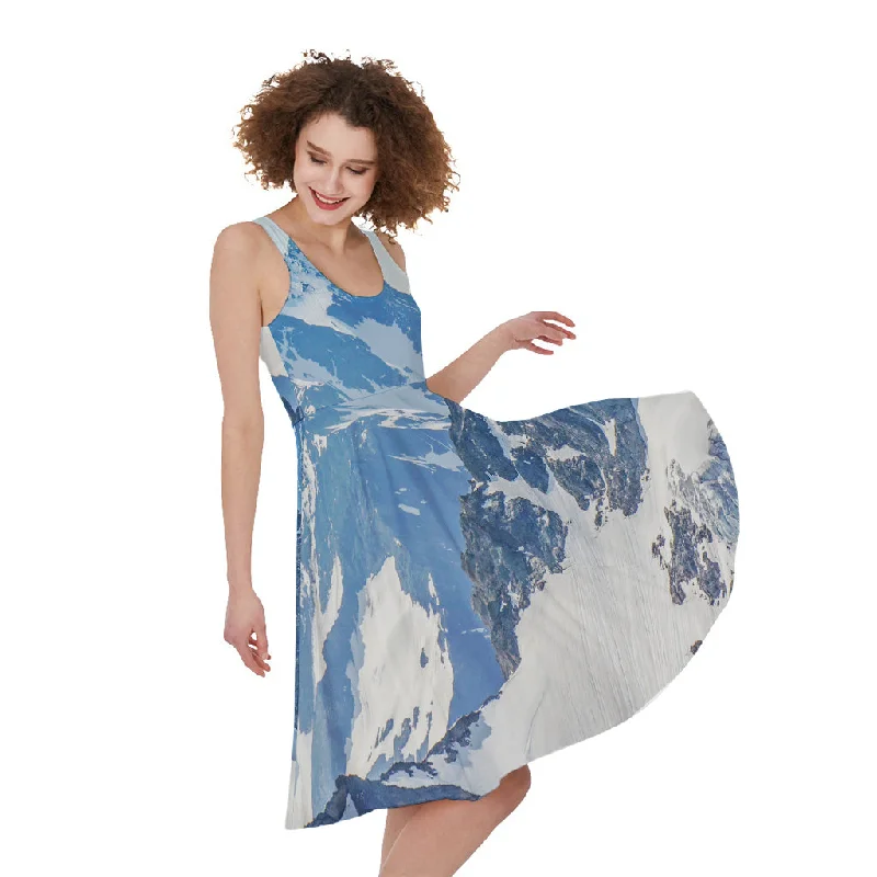 Alps Mountain Print Sleeveless Knee Length Dress Tunics Long Elegant