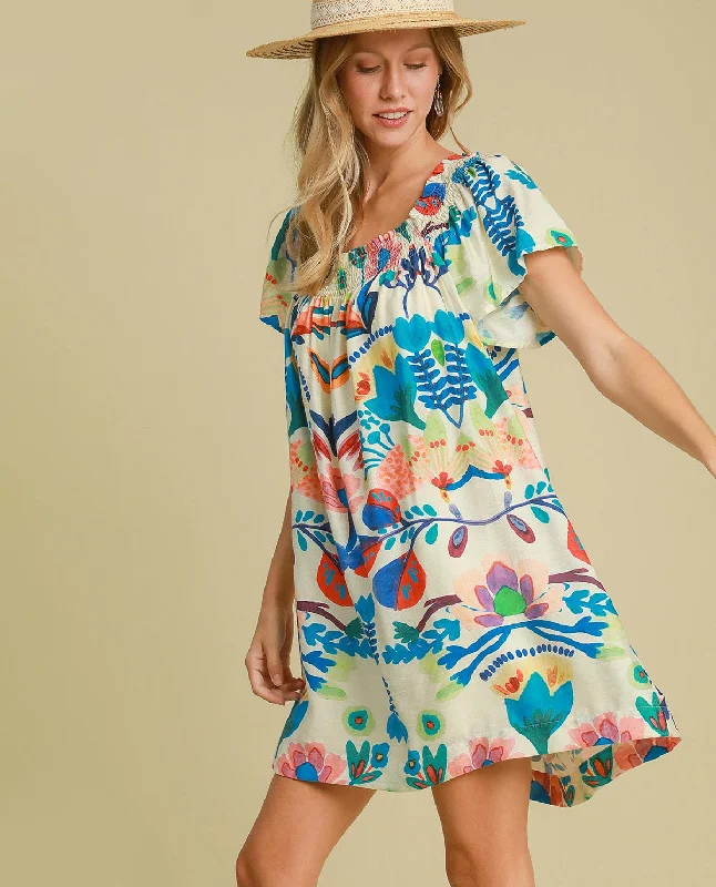 Floral Print Square Neck Mini Dress Trendy Floral Mini Dress