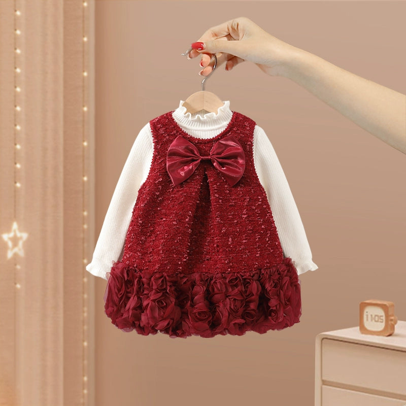 Girls' Winter Bowknot Dress Winter Two-piece Suit Tunics Fall fleece