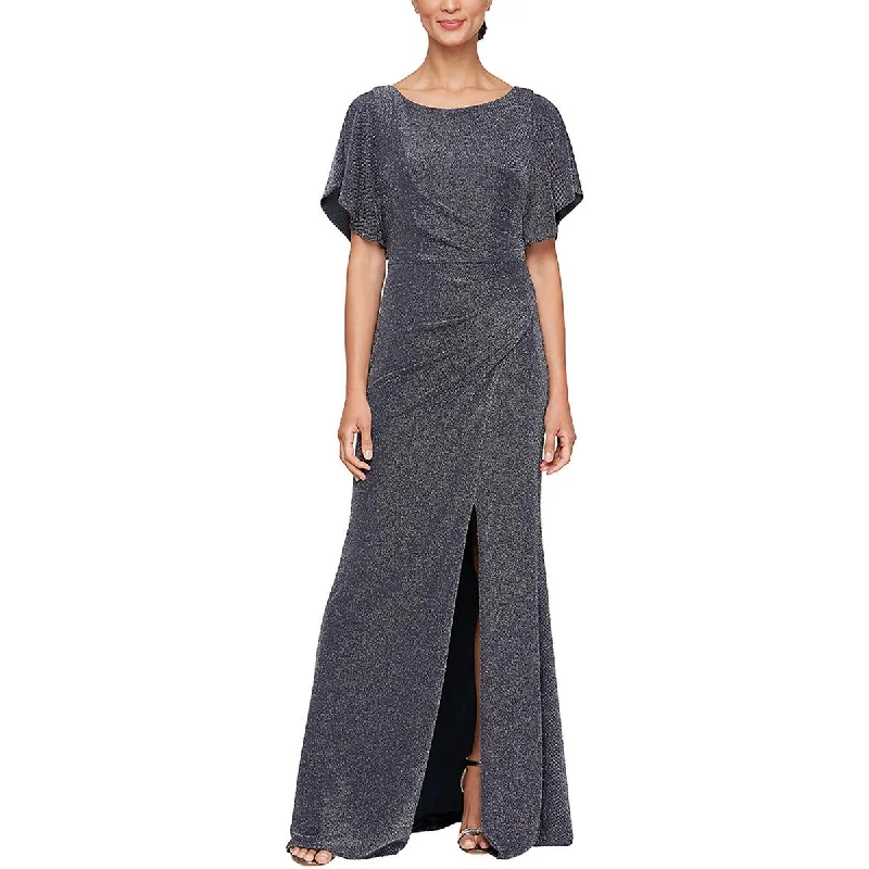 Womens High Front Slit Metllic Evening Dress Tunics Sophisticated sleek