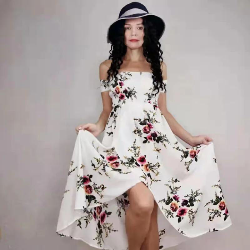 Bohemian Unique Design Woman Summer Retro Floral Dress Elastic Waist Puff Sleeve Pleated Sexy Off-shoulder Party Dress Tunics Luxurious high-end Bohemian Unique Design Woman Summer Retro Floral Dress Elastic Waist Puff Sleeve Pleated Sexy Off-shoulder Party Dress Tunics Luxurious high-end