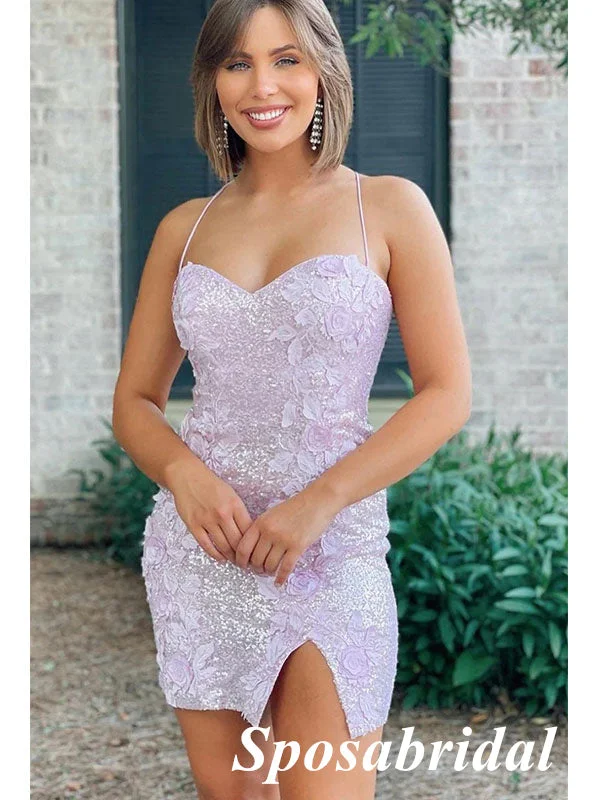 Sexy Lilac Sequin Spaghetti Straps V-Neck Side Slit Sheath Mini Dresses/ Homecoming Dresses With Applique, PD3560 Fashionable Button-Front Mini Dress Sexy Lilac Sequin Spaghetti Straps V-Neck Side Slit Sheath Mini Dresses/ Homecoming Dresses With Applique, PD3560 Fashionable Button-Front Mini Dress