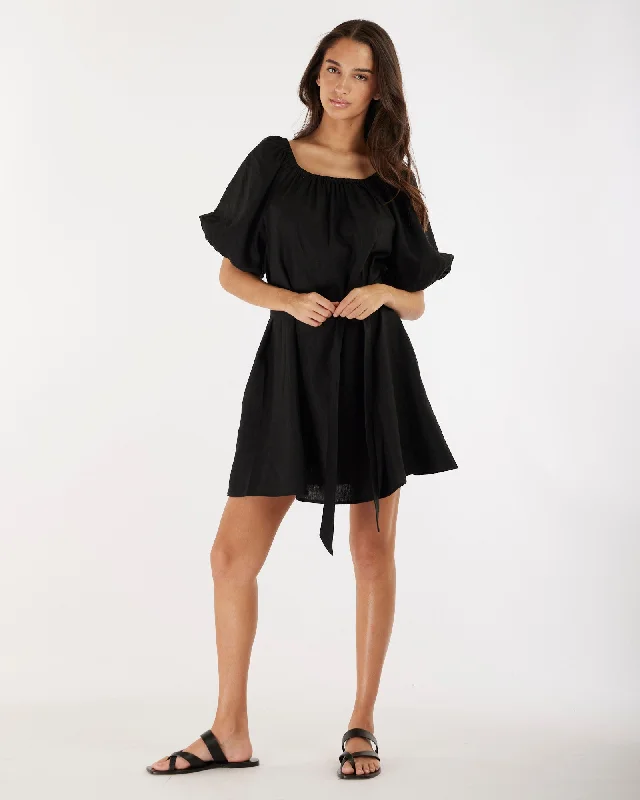 Wren Linen Mini Dress - Black Chic Puff Sleeve Mini Dress