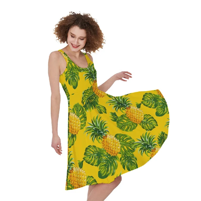 Yellow Tropical Pineapple Pattern Print Sleeveless Knee Length Dress Pencil Office Professional Yellow Tropical Pineapple Pattern Print Sleeveless Knee Length Dress Pencil Office Professional