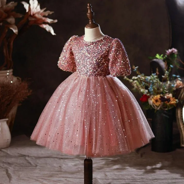 Girl Summer Pink Sequin Bow Princess Party Dress Tunics Trendy modern