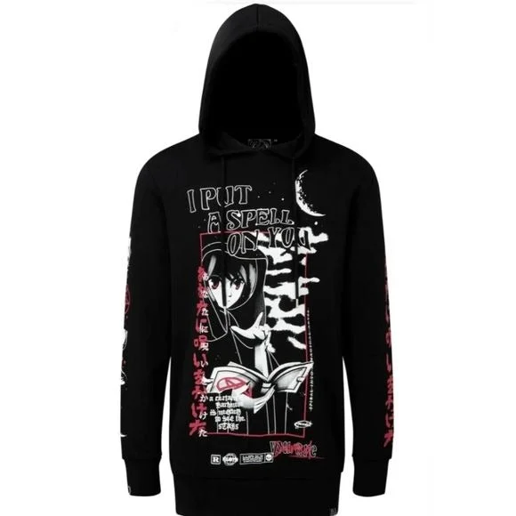 Spell Long Hoodie | Black Oversized Hood Soft Cotton Hoodie with Hem Applique Textured Unique Spell Long Hoodie | Black Oversized Hood Soft Cotton Hoodie with Hem Applique Textured Unique