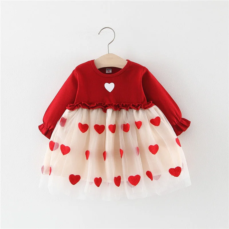 Girl Christmas Dress Baby Girl Long-sleeved Mesh Love Princess Party Dresses Infant Formal Dresses Cowl Neckline Elegant