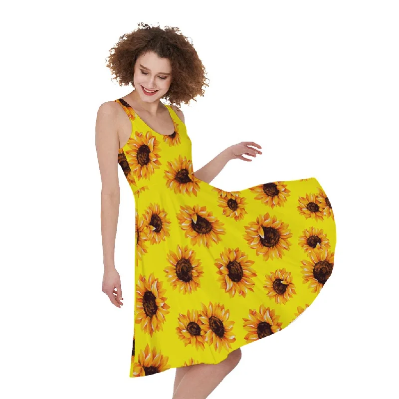 Yellow Sunflower Pattern Print Sleeveless Knee Length Dress empire Waist empire