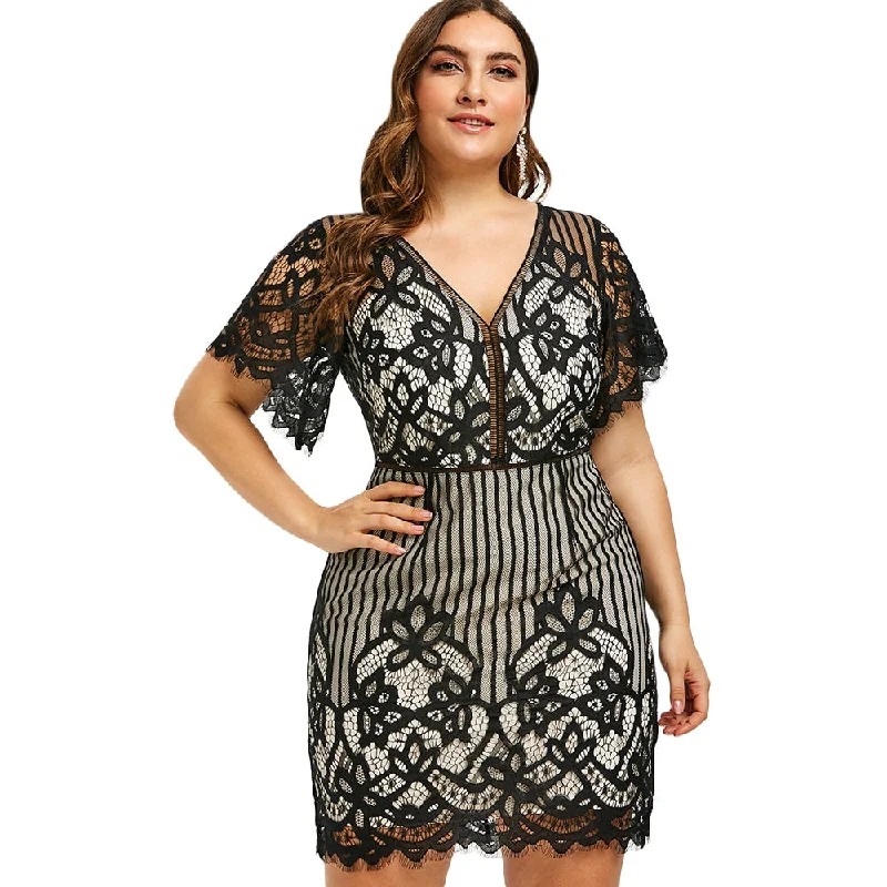Plus Size Lace Plunge Mini Fitted Dress Summer Short Sleeves V-Neck High Waist Stripe Women Party Dress Bodycon Vestidos Tunics Fashionable trendy Plus Size Lace Plunge Mini Fitted Dress Summer Short Sleeves V-Neck High Waist Stripe Women Party Dress Bodycon Vestidos Tunics Fashionable trendy