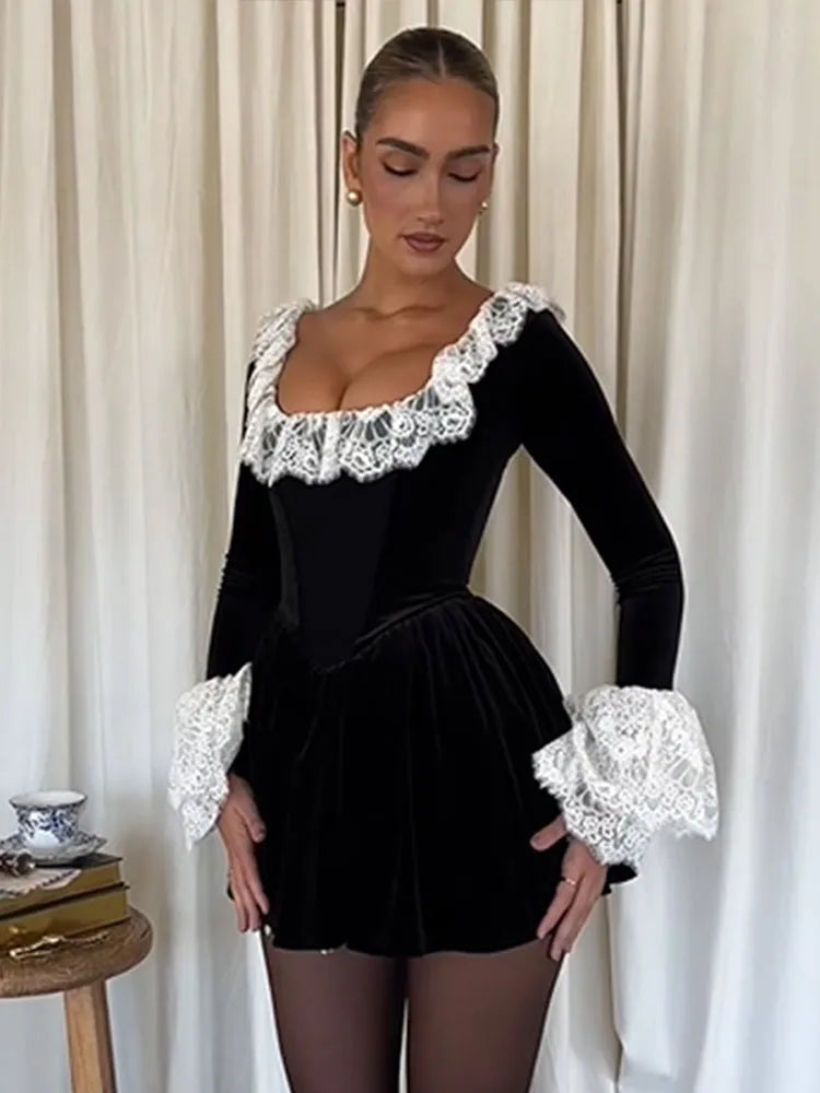 Sexy Lace Flare Long Sleeve Mini Dress Women Fashion Black Square Collar High Waist A-line Dresses Lady Evening Party Gown Trendy Mini Dress with Belt Sexy Lace Flare Long Sleeve Mini Dress Women Fashion Black Square Collar High Waist A-line Dresses Lady Evening Party Gown Trendy Mini Dress with Belt