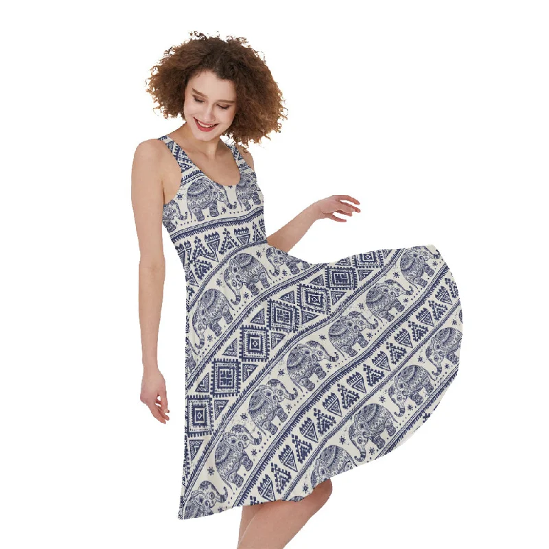 African Tribal Elephant Pattern Print Sleeveless Knee Length Dress Tunics Designer luxury African Tribal Elephant Pattern Print Sleeveless Knee Length Dress Tunics Designer luxury