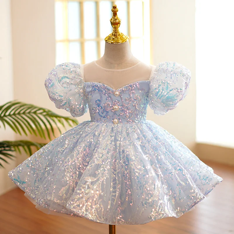 Baby Girl Birthday Party Dress Blue Sequin Bubble Princess Dress Crew Neckline Casual Baby Girl Birthday Party Dress Blue Sequin Bubble Princess Dress Crew Neckline Casual