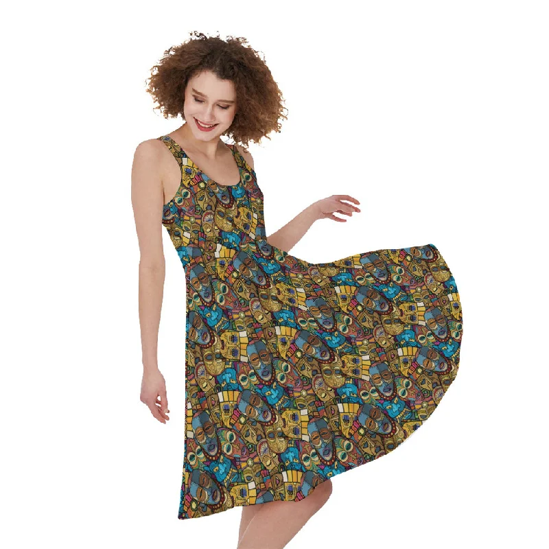 African Totem Masks Pattern Print Sleeveless Knee Length Dress Tunics New arrival