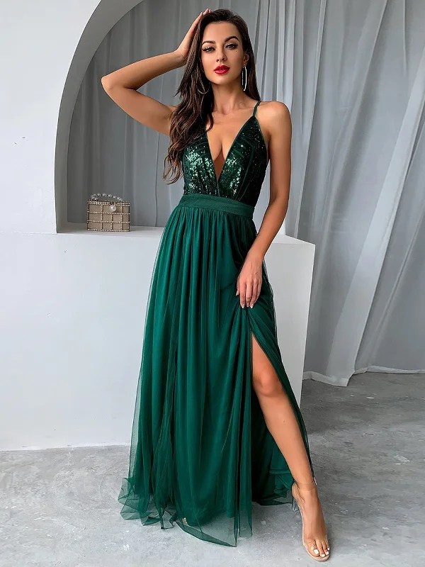 Enchanted Forest Deep V-Neck Tulle Party Dress Sequined Elegant Party