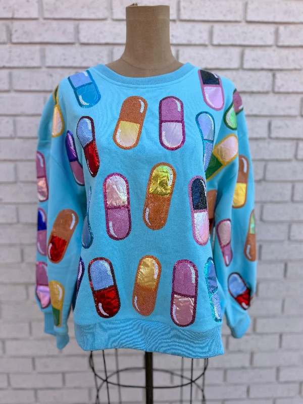 AQUA MULTI CHILL PILL SWEATSHIRT Hoodie with Rhinestones Sparkly Elegant