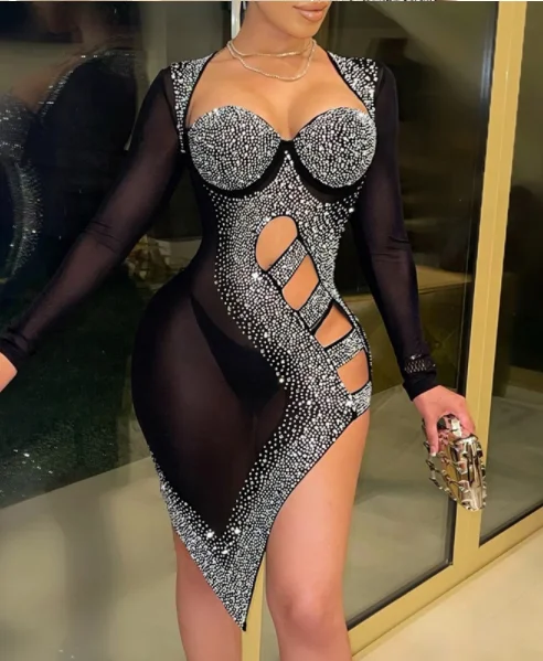Sexy See Through Mesh Hallow Out Rhinestone Party Dress Boatneck Modish Everyday