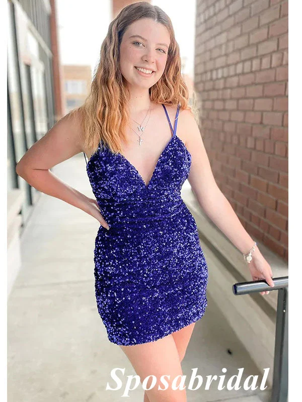 Shiny Purple Sequin Spaghetti Straps V-Neck Sheath Mini Dresses/ Homecoming Dresses, PD3552 Trendy Off-Shoulder Dress Mini Shiny Purple Sequin Spaghetti Straps V-Neck Sheath Mini Dresses/ Homecoming Dresses, PD3552 Trendy Off-Shoulder Dress Mini