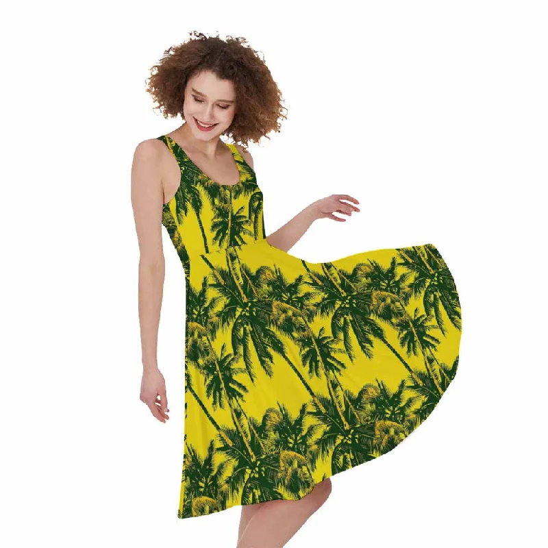 Yellow Palm Tree Pattern Print Sleeveless Knee Length Dress Tunic Top Casual