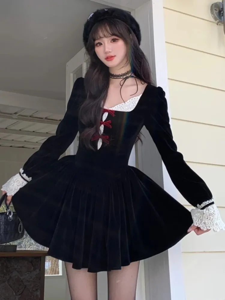 Y2K Sweet Black Velvet Womens Dresses French Vintage Lace Patchwork Princess Birthday Party Mini Dress Female Short Vestidos Elegant Tulle Mini Dress Y2K Sweet Black Velvet Womens Dresses French Vintage Lace Patchwork Princess Birthday Party Mini Dress Female Short Vestidos Elegant Tulle Mini Dress
