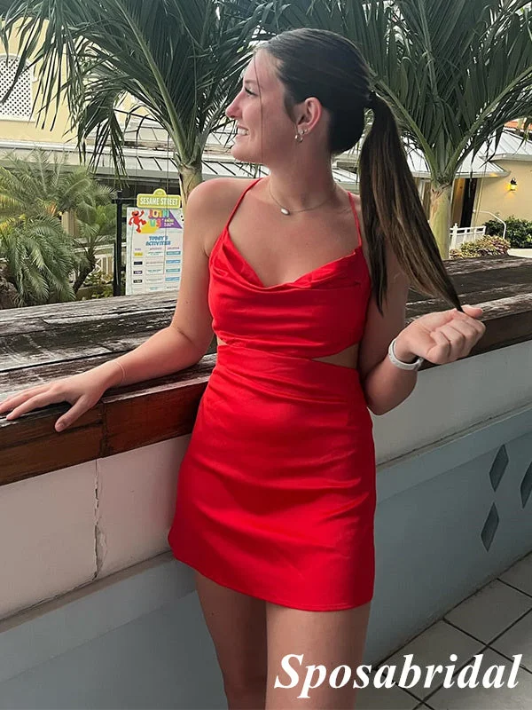 Sexy Red Soft Satin Spaghetti Straps Sleeveless Criss Cross Sheath Mini Dresses/ Homecoming Dresses, PD3619 Fashionable Mini Dress with Slits Sexy Red Soft Satin Spaghetti Straps Sleeveless Criss Cross Sheath Mini Dresses/ Homecoming Dresses, PD3619 Fashionable Mini Dress with Slits