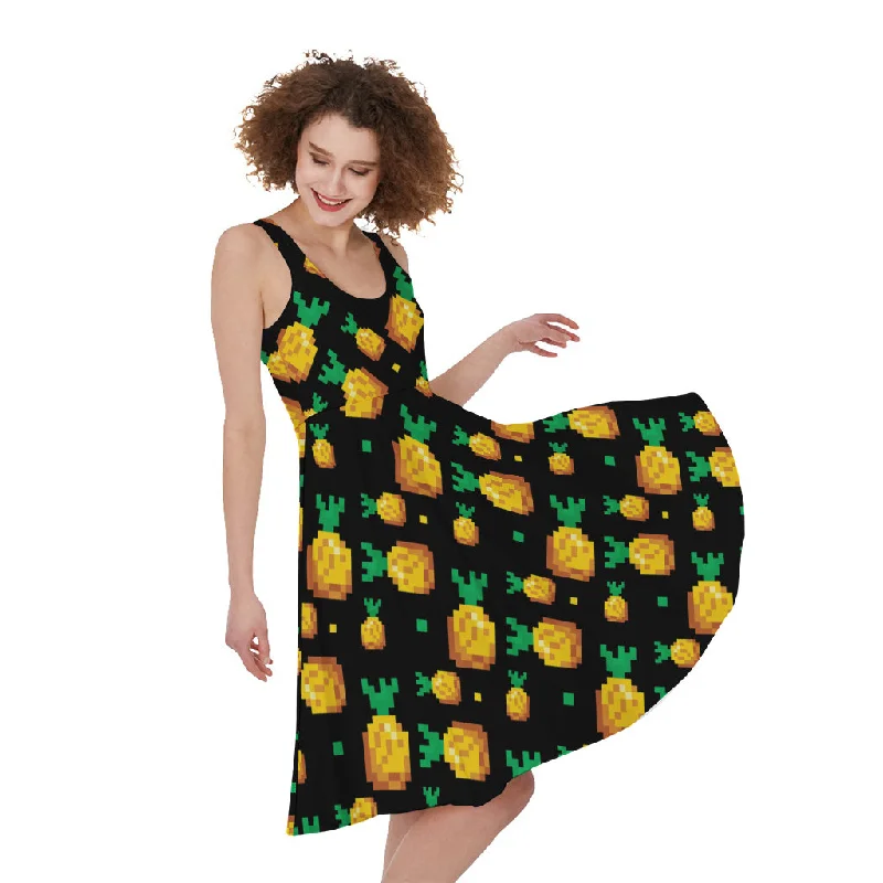 8-Bit Pixel Pineapple Print Sleeveless Knee Length Dress Tunics Formal black
