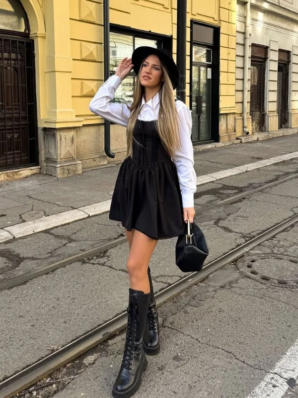 Black Solid Sleeveless Lace Mini Dress Fashionable Denim Mini Dress