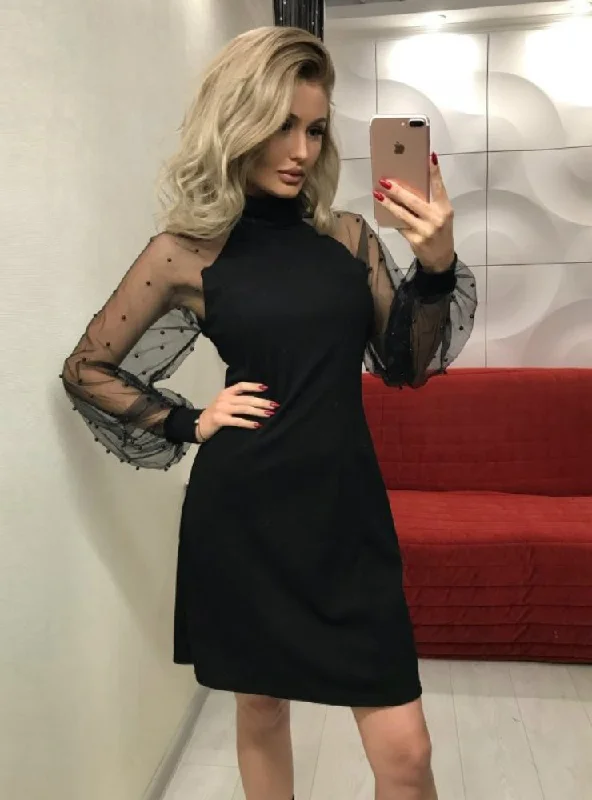 Mesh Sleeve Form Fitting Solid Dress Long Sleeve Mini Party Dress Crew Neckline Casual Mesh Sleeve Form Fitting Solid Dress Long Sleeve Mini Party Dress Crew Neckline Casual
