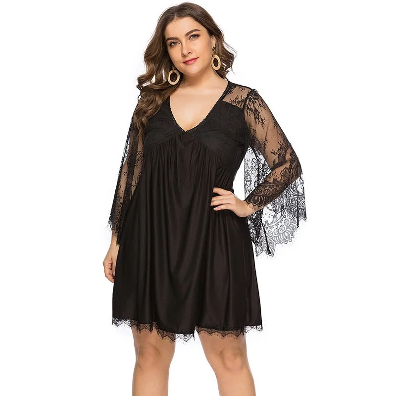 Plus Size Women Sexy Dress Lace V Collar Long Sleeve Perspective High Waist Party Dress Hollow Out Mini Club Dress Tunics Sophisticated sleek Plus Size Women Sexy Dress Lace V Collar Long Sleeve Perspective High Waist Party Dress Hollow Out Mini Club Dress Tunics Sophisticated sleek