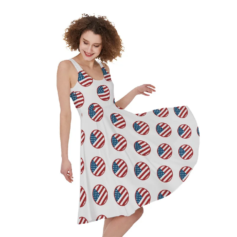 American Circle Flag Pattern Print Sleeveless Knee Length Dress Floral Print girly