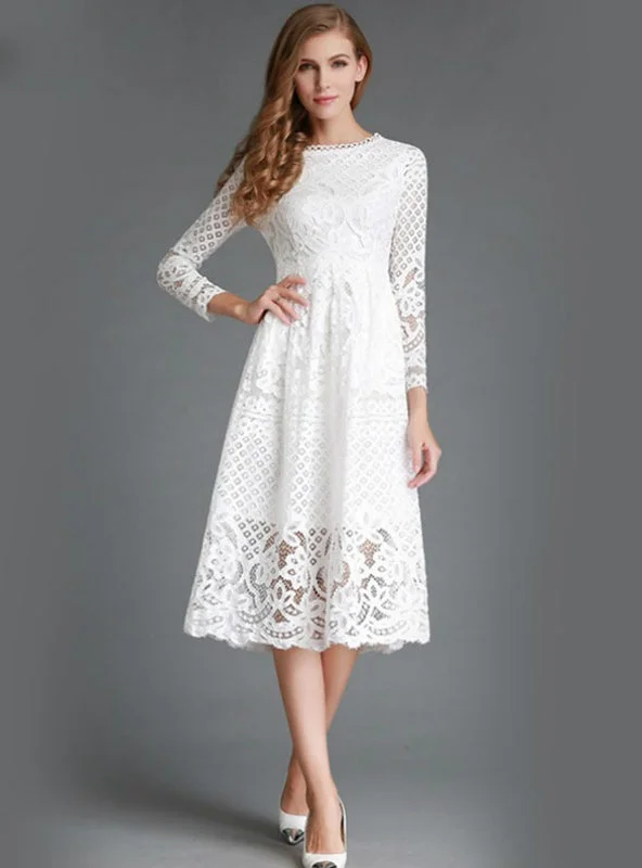 Hollow Out Elegant White Lace Elegant Party Dress Turtleneck Warm Winter