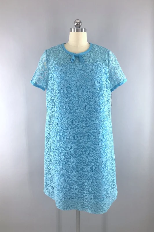 Vintage Blue Lace Party Dress Tunics Luxurious premium