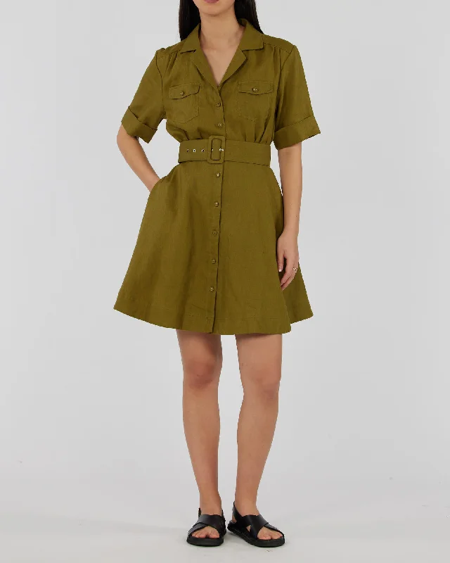 Cadence Linen Mini Dress - Olive Comfortable Fit-and-Flare Mini Dress