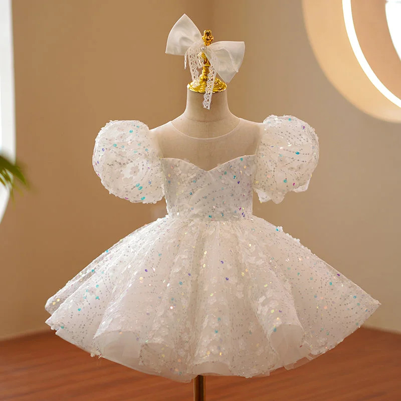 Baby Girl Formal Princess Dress Girl Summer White Puff Sleeve Sequin Birthday Party Dress sweetheart Neckline Romantic Baby Girl Formal Princess Dress Girl Summer White Puff Sleeve Sequin Birthday Party Dress sweetheart Neckline Romantic