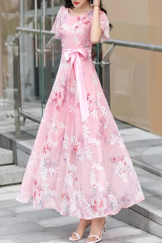 Pink embroidered maxi prom party dress 5084 Halter Neckline Beach