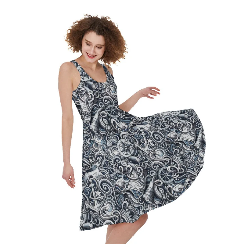 Abstract Nautical Anchor Pattern Print Sleeveless Knee Length Dress Square Neckline Feminine Abstract Nautical Anchor Pattern Print Sleeveless Knee Length Dress Square Neckline Feminine
