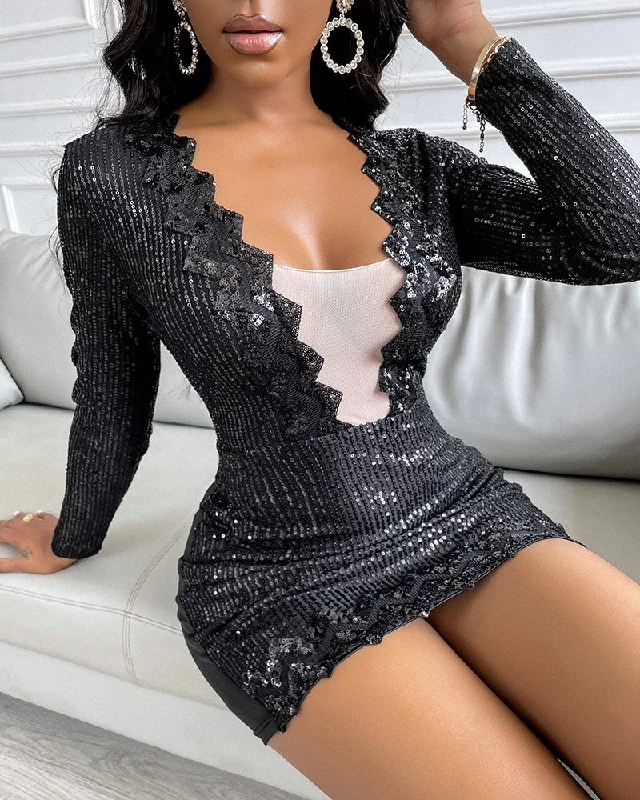 Long Sleeve Allover Sequins Sheer Mesh Party Dress Tunics Cozy soft