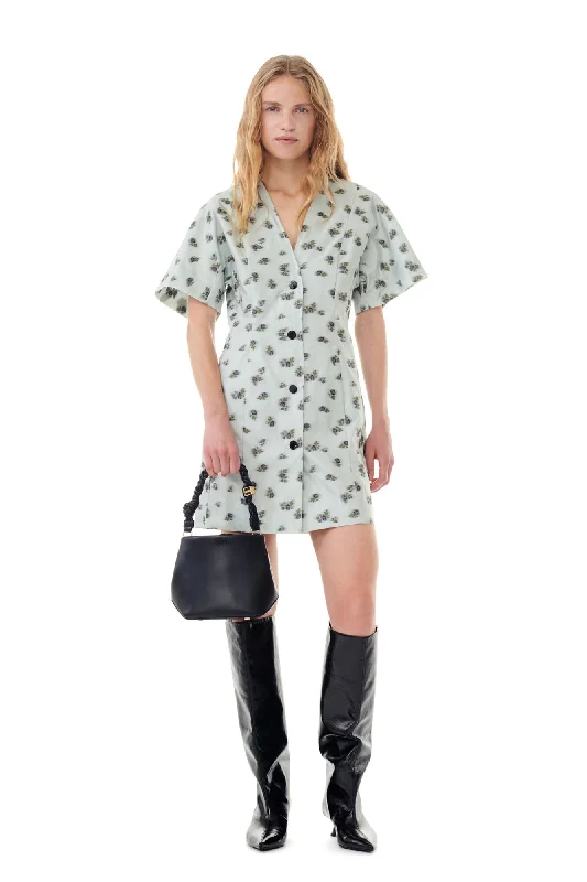 Ganni GREY FLORAL PRINTED ORGANZA JACQUARD MINI DRESS Elegant Tulle Mini Dress