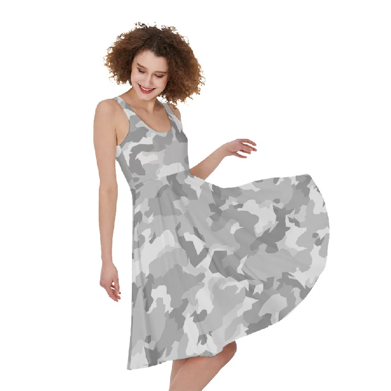White Snow Camouflage Print Sleeveless Knee Length Dress Tunics Ceremony elegant