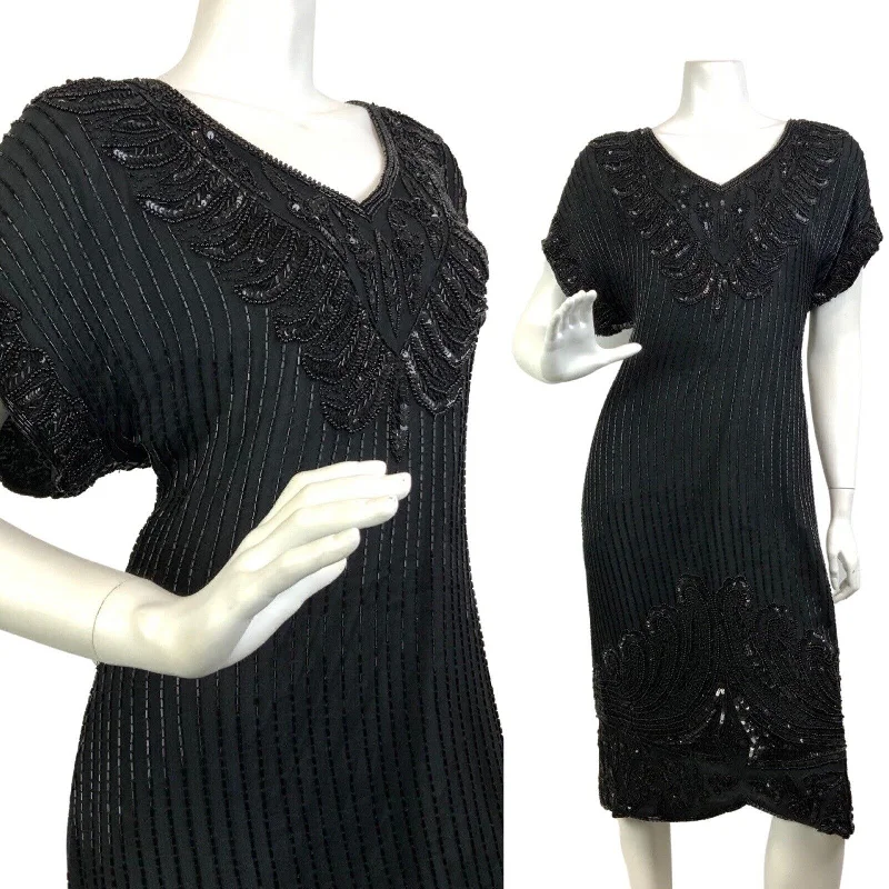 VINTAGE 70s 80s BLACK SEQUIN BEADED FLAPPER STYLE DISCO GLAM PARTY DRESS 14 Tunics Fleece cozy VINTAGE 70s 80s BLACK SEQUIN BEADED FLAPPER STYLE DISCO GLAM PARTY DRESS 14 Tunics Fleece cozy