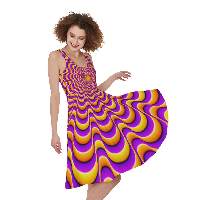 Yellow Splashing Moving Optical Illusion Sleeveless Knee Length Dress Crew Neckline Sporty Yellow Splashing Moving Optical Illusion Sleeveless Knee Length Dress Crew Neckline Sporty