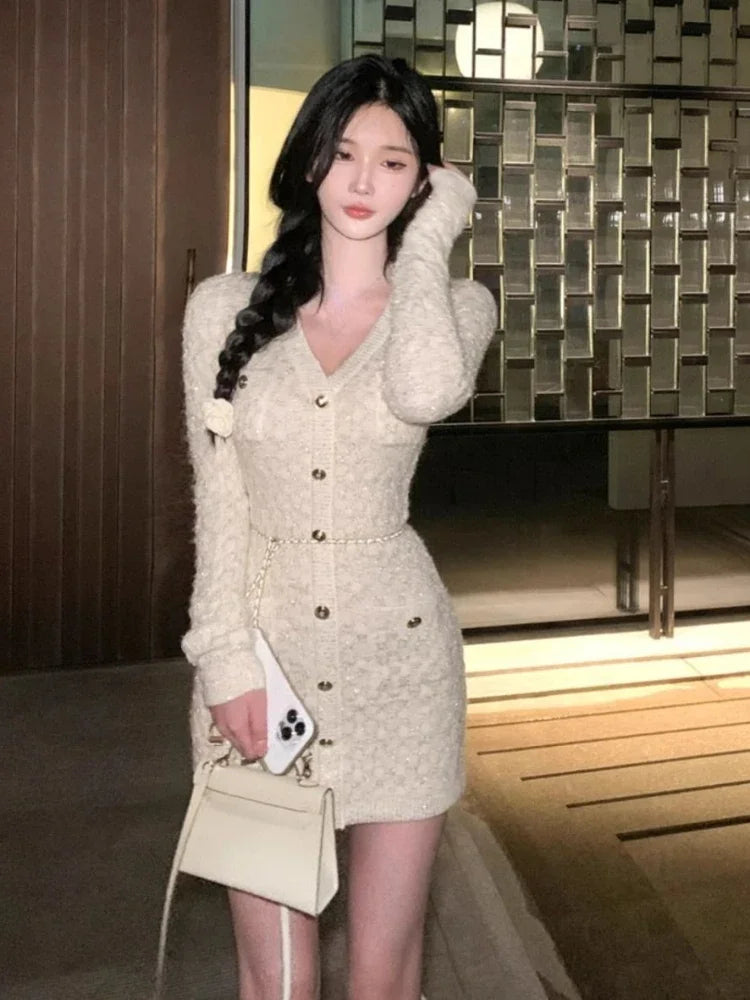 French Elegant Slim Knitted Dress Short Party One Piece Dress Korean Fashion Winter Sexy Bodycon Y2k Mini Dress Woman Chic Elegant Mini Dress with Pleats French Elegant Slim Knitted Dress Short Party One Piece Dress Korean Fashion Winter Sexy Bodycon Y2k Mini Dress Woman Chic Elegant Mini Dress with Pleats