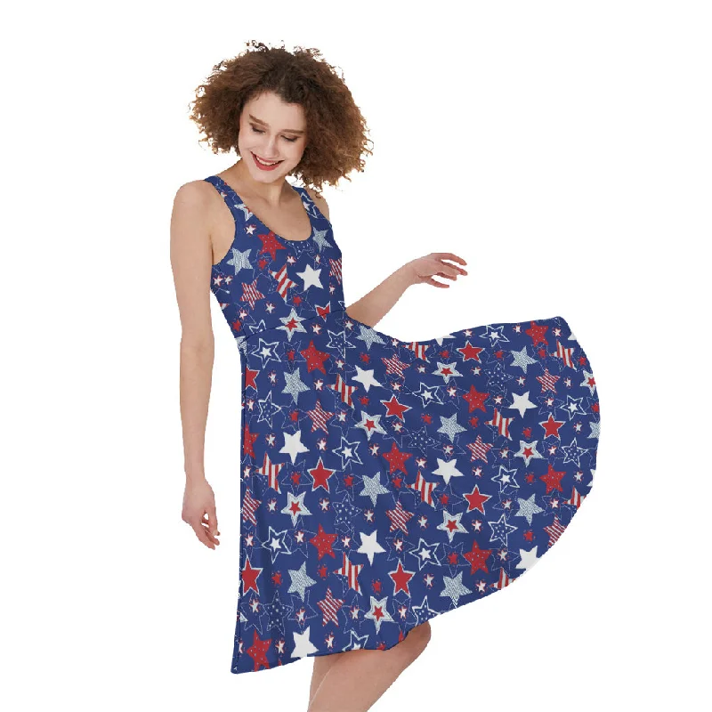 4th of July American Star Pattern Print Sleeveless Knee Length Dress Tunics Fashionable trendy 4th of July American Star Pattern Print Sleeveless Knee Length Dress Tunics Fashionable trendy