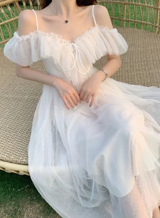 Sweet Elegant White Spaghetti Strap Off Shoulder Party Dresses Tunics Solid Classic