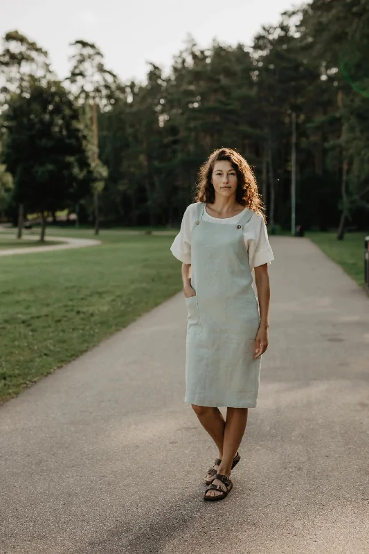 Linen apron dress JADE S Sage Green Crew Neckline Sporty
